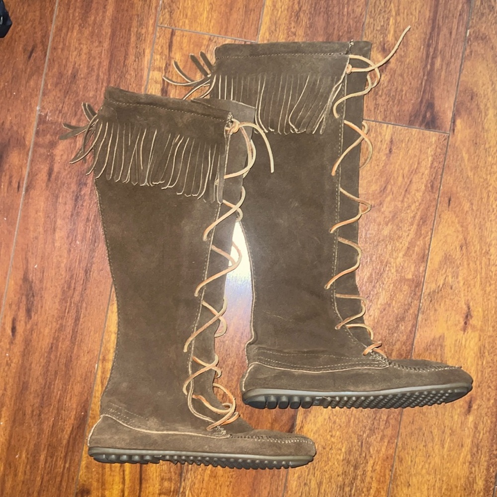 Vintage Minnetonka Brown Suede Fringe Knee-High Boots